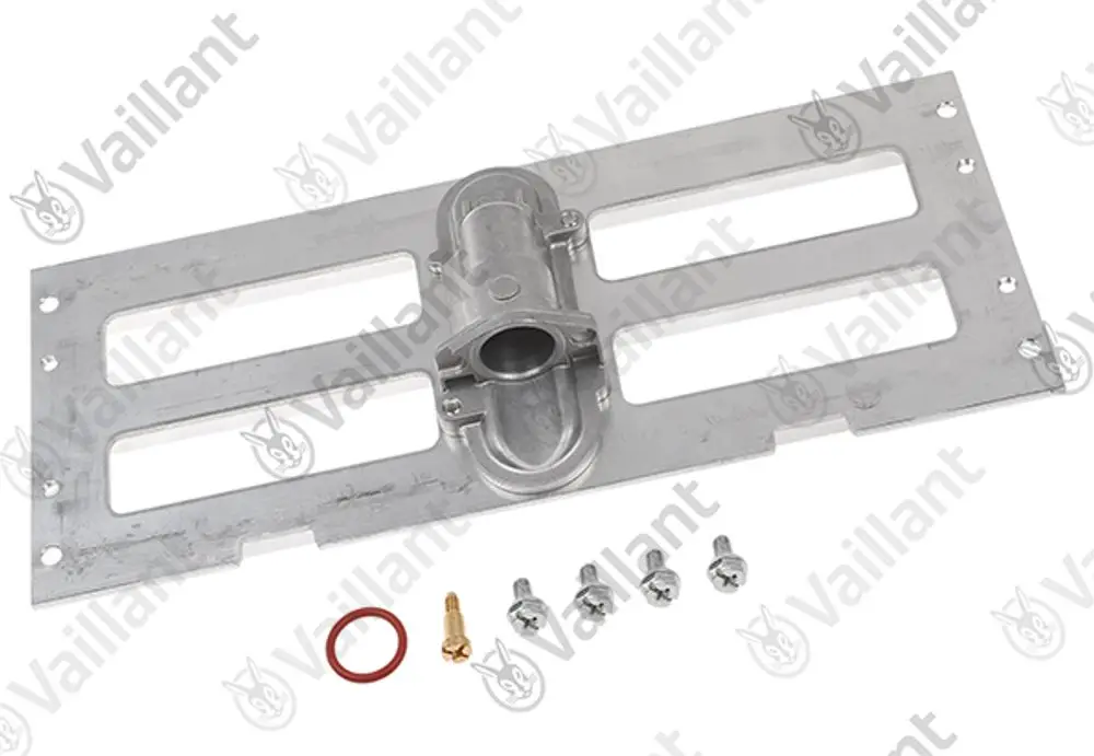 Metallplatte mit Düsenstock von Vaillant und dazugehörigen Komponenten, wie Schrauben und Dichtungen, auf schlichten Hintergrund.